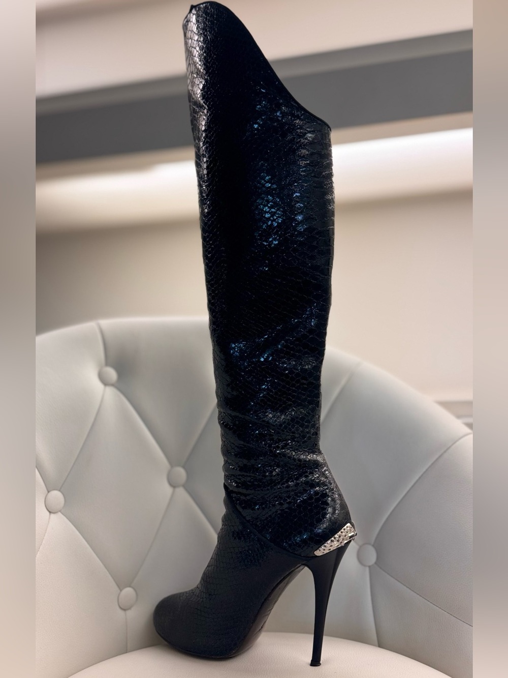 Giuseppe Zanotti Black Over-the-Knee Snakeskin Stiletto Boots